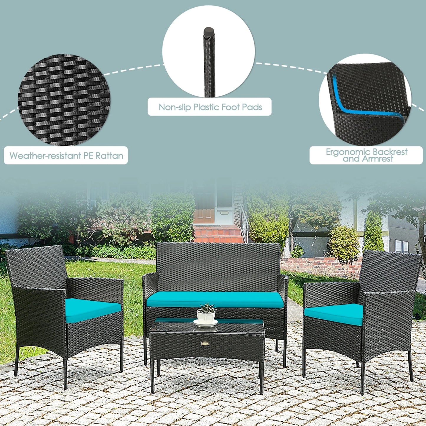 Gymax 4PCS Outdoor Furniture Set Patio Rattan Conversation Set w/Turquoise Cushion