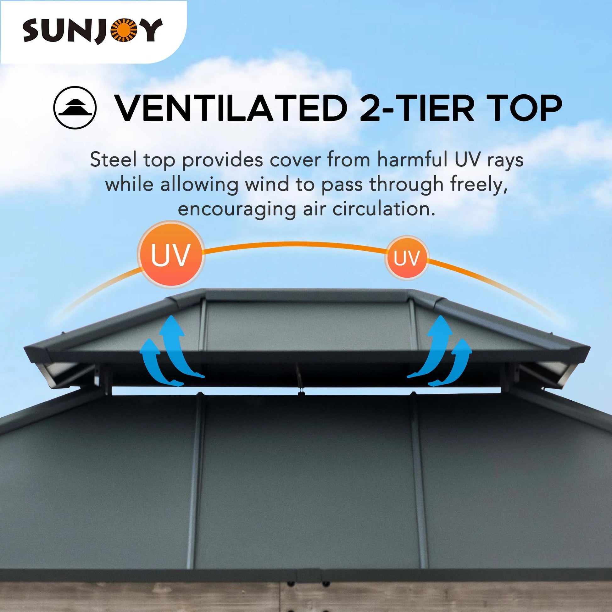 SUNJOY 10 x 12 ft. Wood Gazebo, Outdoor Patio Steel Hardtop Gazebo, Cedar Framed Wooden Gazebo with 2-Tier Metal Roof, Suitable for Patios, Lawn and Backyard, Matte Black Roof + Gray Wood Frame