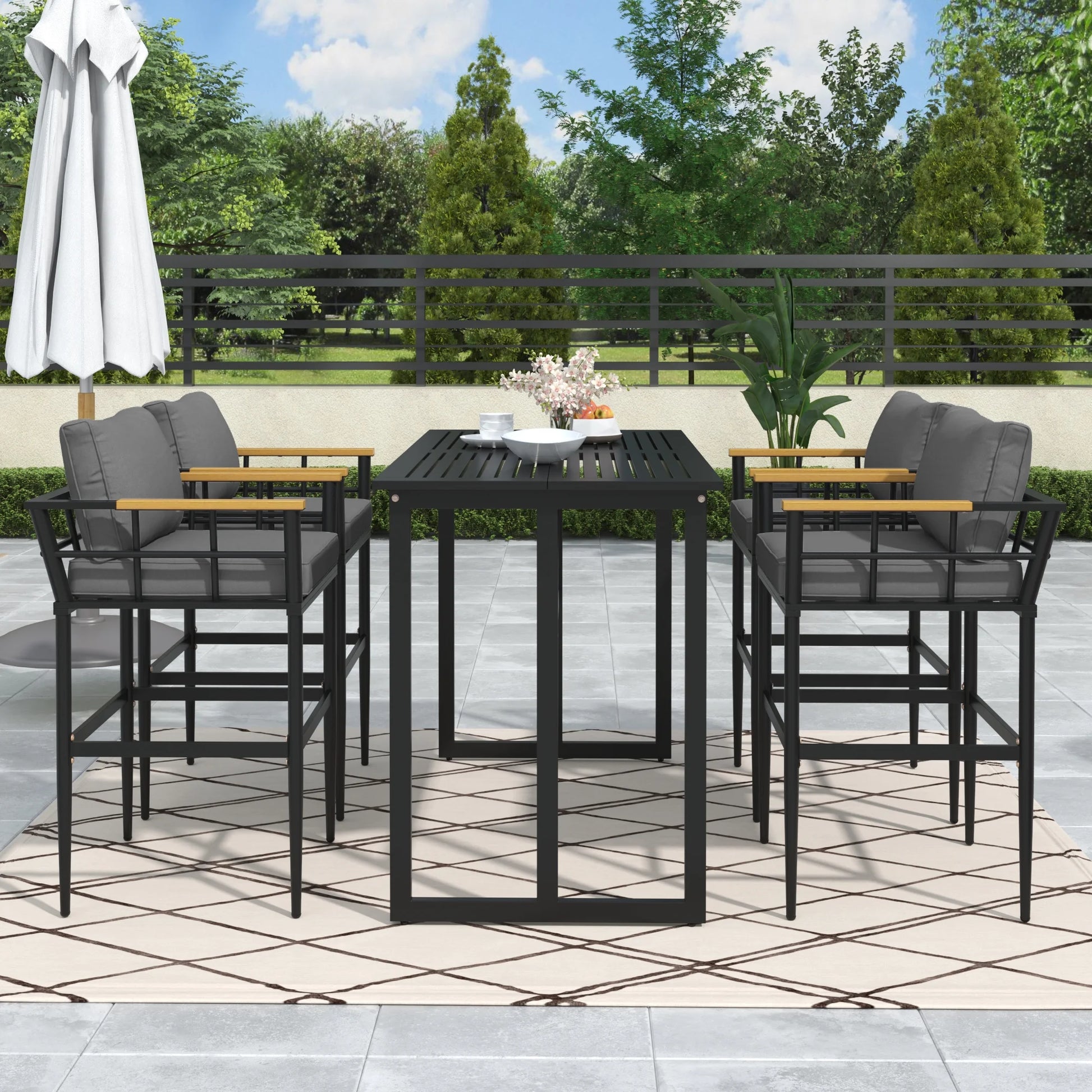Harper & Bright Designs Iron Outdoor Counter Height Dining Set for 4, 5 Pieces All-Weather Patio Dining Furniture Set with Table and 4 Chairs for Pub Backyard Balcony Garden, Gray