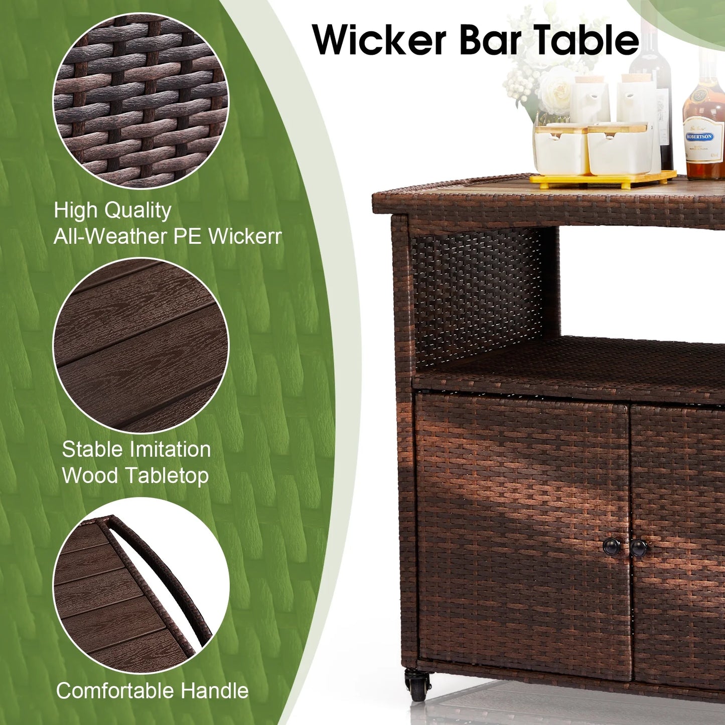 UBesGoo Patio Outdoor Ratten Bar Table Cart w/4 Wheel, Weather-Resistant Wicker Bar Table with Wood Top, Outside Kitchen Serving Cart, Brown