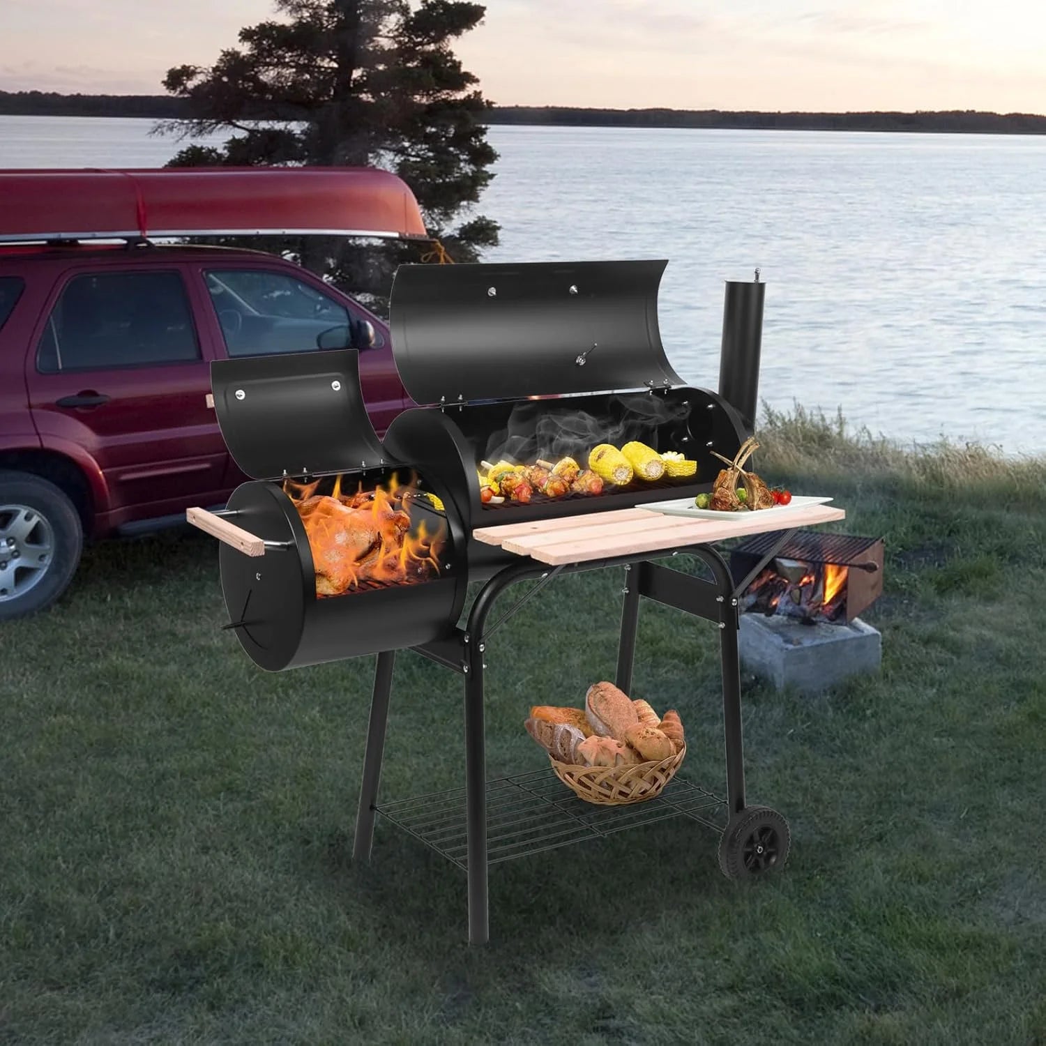 Oil Drum Charcoal Furnace Grill & High-Temperature Offset Smoker - Camping BBQ with Side Fire Box, Wheels, Thermometer & Chimney - Portable Outdoor Barbecue for Backyard, Patio, Picnics & Tailgating