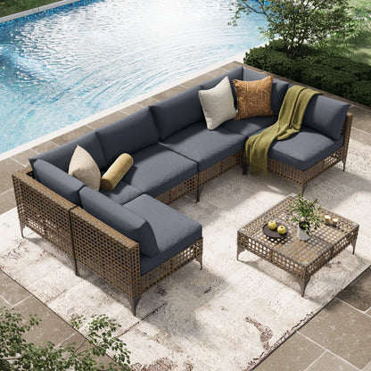 YODOLLA 7-Piece Patio Furniture Set with Tea Table, Rattan Wicker Outdoor Sectional Furniture Sofa Conversation Set, Dark Brown Rattan& Dark Grey Cushions