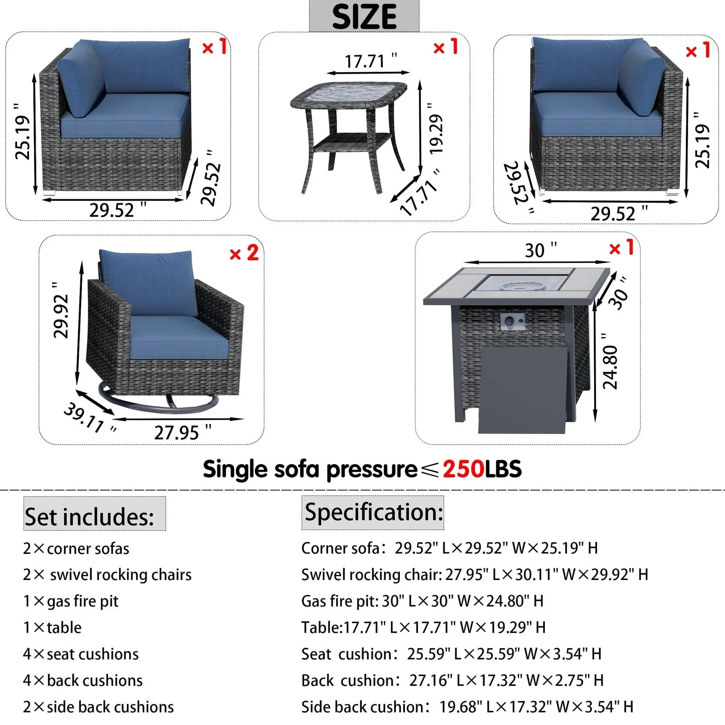 Ovios 6 Pieces Outdoor Patio Furniture with 30 inch Fire Pit Table All Weather Wicker Conversation Set with 360° Swivel Chair for Porch