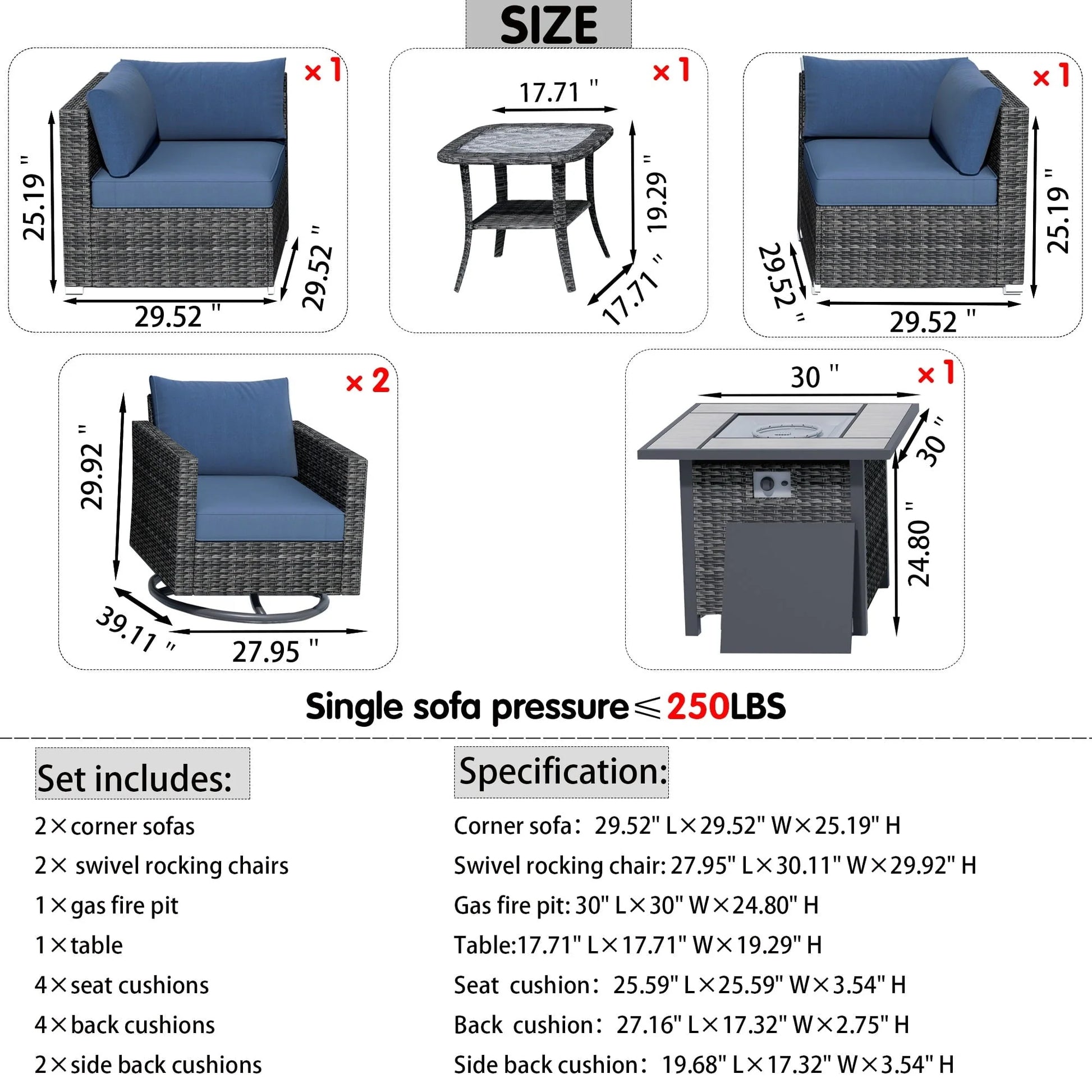 Ovios 6 Pieces Outdoor Patio Furniture with 30 inch Fire Pit Table All Weather Wicker Conversation Set with 360° Swivel Chair for Porch