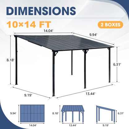 8' x 10' Outdoor Pergola Gazebo, Lean to Awnings Gazebos, Heavy Duty Hard Top Metal Pergola with Roof, for Patio, Backyard, Decks, Poolside