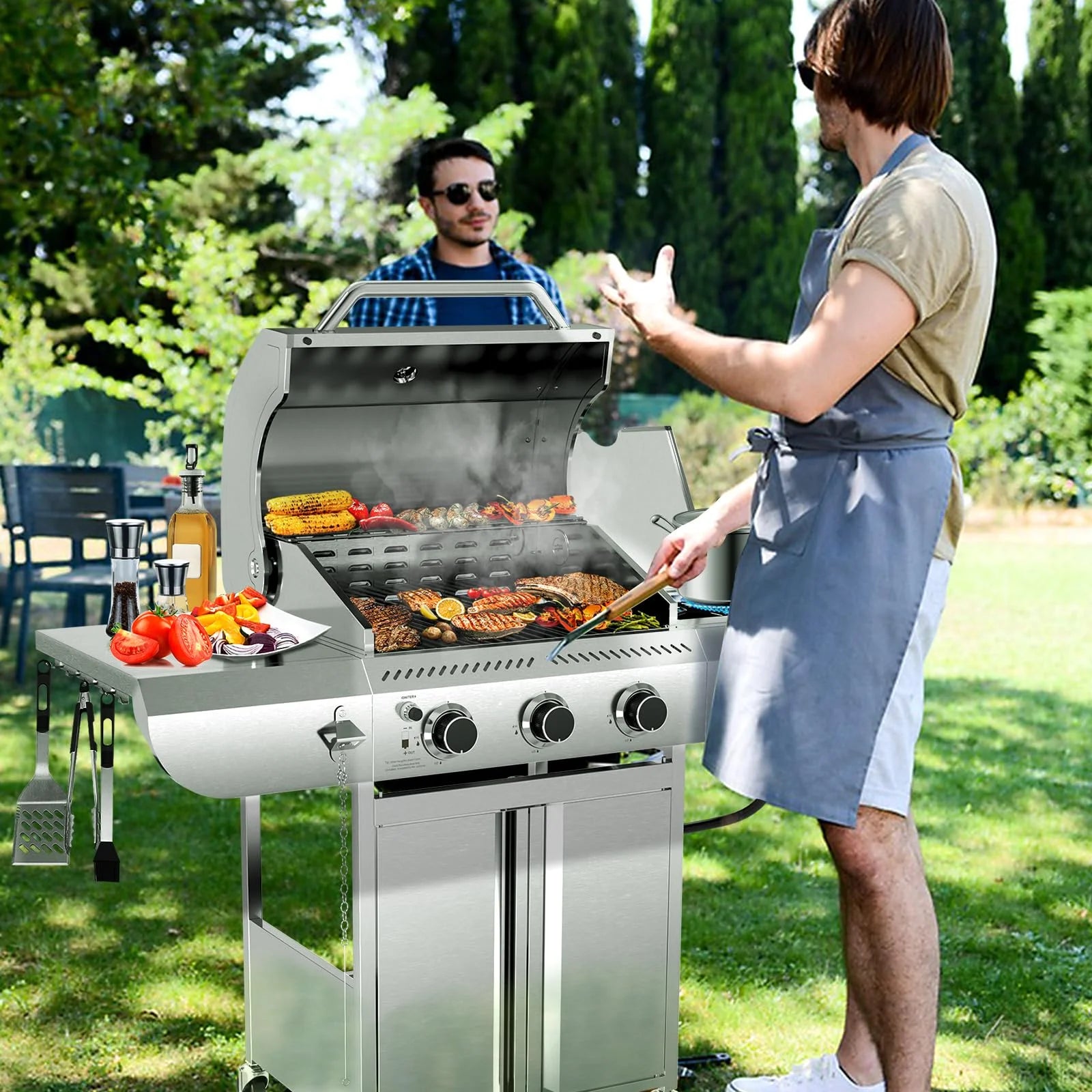 LHRIVER Stainless Steel BBQ Grill, 3 Burner Propane Gas Grill with Side Burner for Outdoor Cooking Patio Backyard