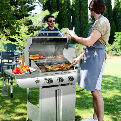 LHRIVER Stainless Steel BBQ Grill, 3 Burner Propane Gas Grill with Side Burner for Outdoor Cooking Patio Backyard