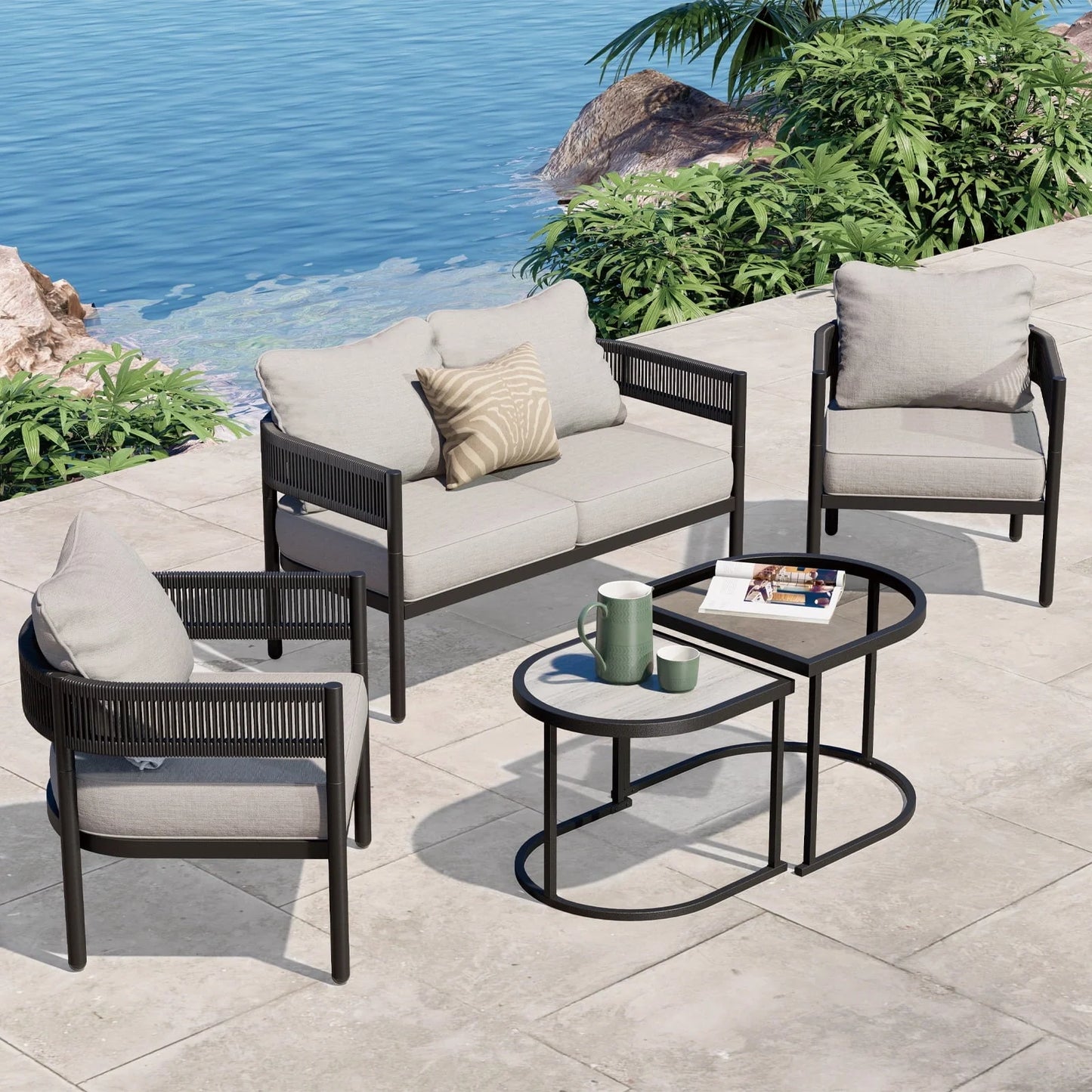 Grand Patio 5-Piece Outdoor Wicker Conversation Set, Beige