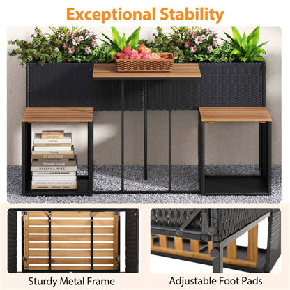 SUREGO Patio Furniture Set with Raised Garden Bed, PE Rattan Garden Planter Table with Built-in Chairs and Storage Space, Acacia Wood Outdoor Conversation Set with Sturdy Metal Frame