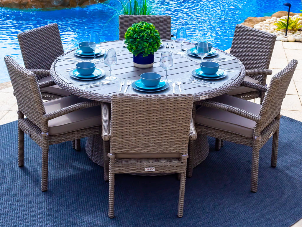 Tuscany 19-Piece Resin Wicker Outdoor Patio Furniture Combination Set with Sectional Set, Round Dining Set, and Chaise Lounge Set (Half-Round Gray Wicker, Polyester light Gray)