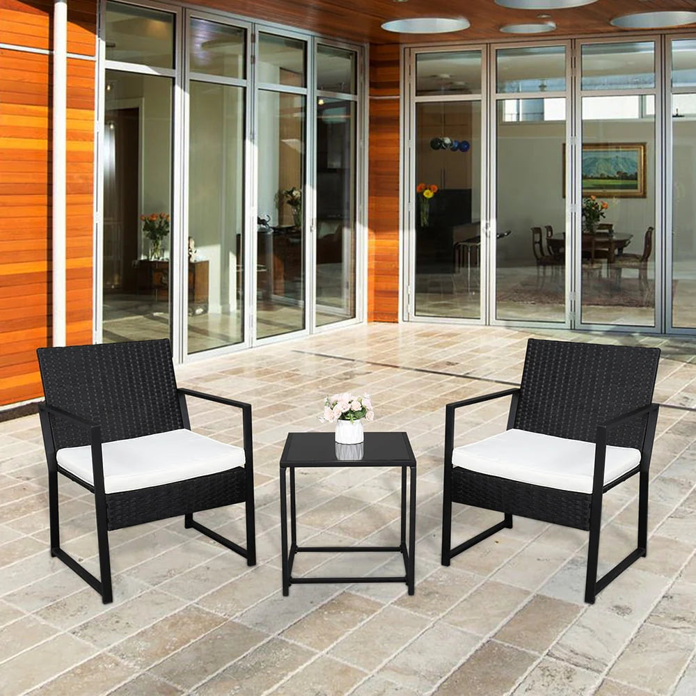 Seizeen Outdoor Furniture Set, 3 PCS Rattan Conversation Set for 2, Cushioned Patio Sofa Set W/2 Arm Chairs & 1 Table for Garden Pool Porch Deck