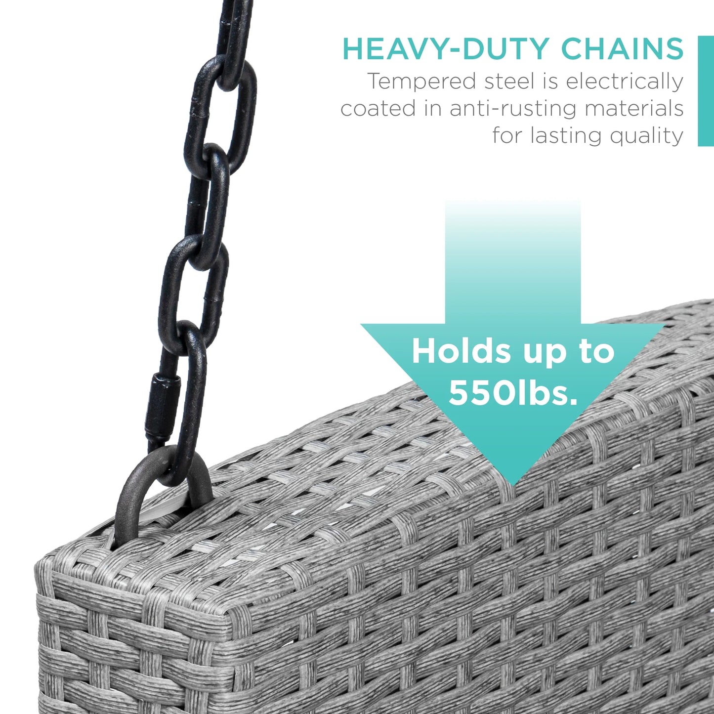 Best Choice Products Woven Wicker Hanging Porch Swing Bench for Patio, Deck w/Mounting Chains, Seat Cushion - Gray/Navy