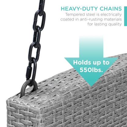 Best Choice Products Woven Wicker Hanging Porch Swing Bench for Patio, Deck w/Mounting Chains, Seat Cushion - Gray/Navy