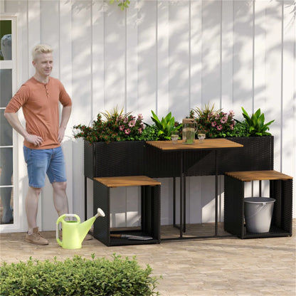 SUREGO Patio Furniture Set with Raised Garden Bed, PE Rattan Garden Planter Table with Built-in Chairs and Storage Space, Acacia Wood Outdoor Conversation Set with Sturdy Metal Frame