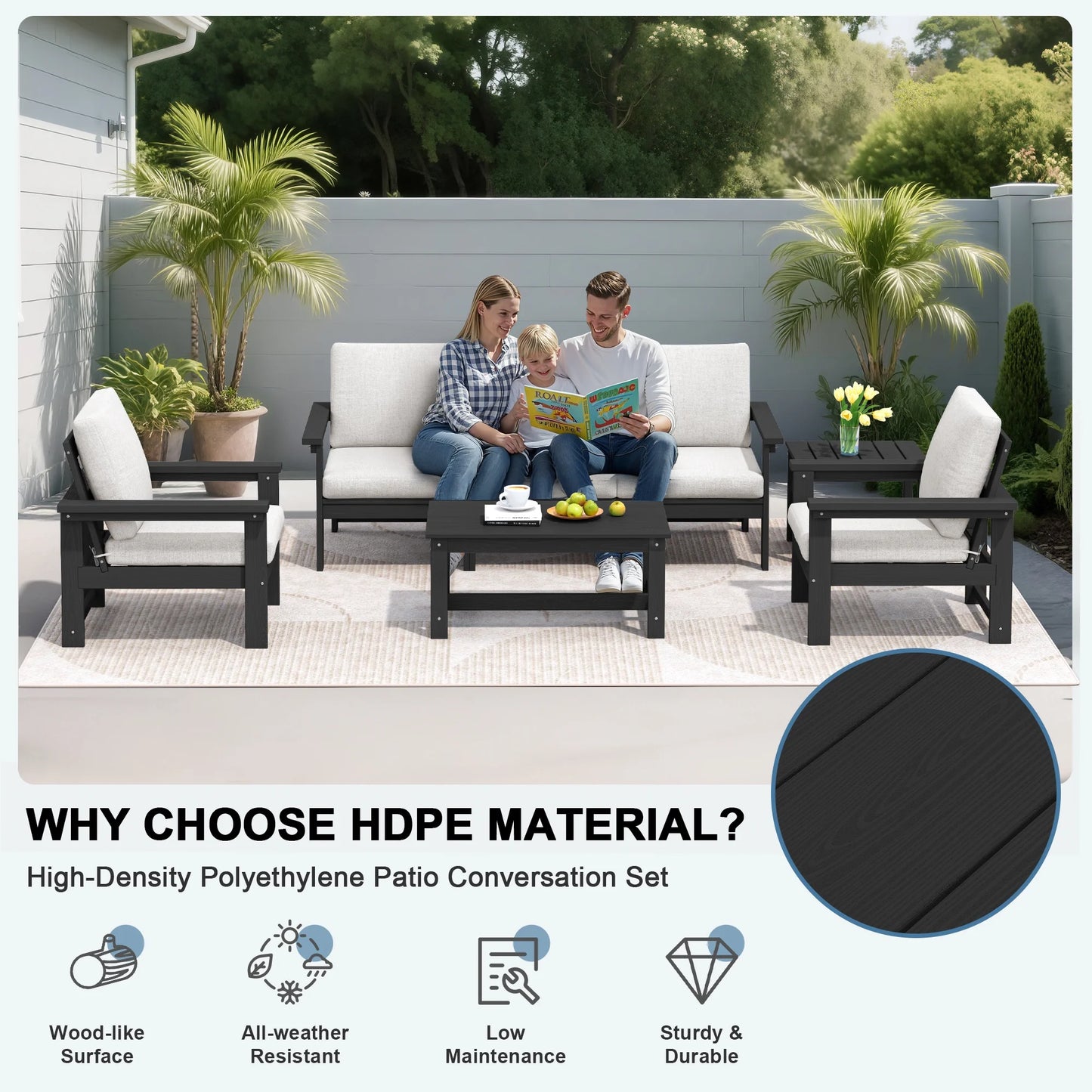 SERWALL Outdoor Patio Furniture Set, 7-Piece HDPE Outdoor Sofa Set Patio Conversation Set, Black Frame with Beige Cushions