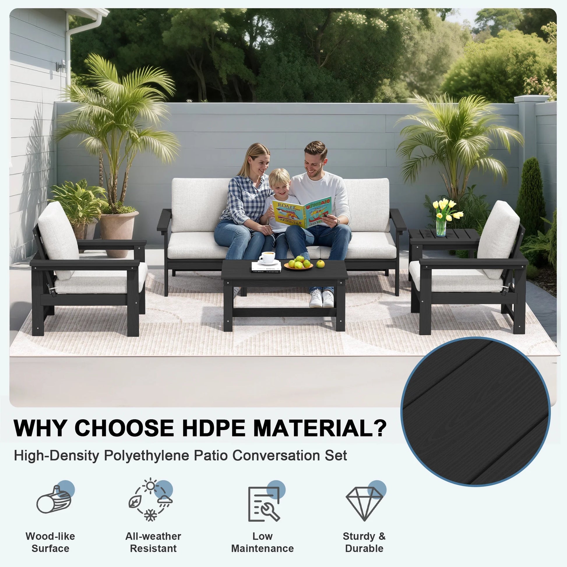 SERWALL Outdoor Patio Furniture Set, 7-Piece HDPE Outdoor Sofa Set Patio Conversation Set, Black Frame with Beige Cushions