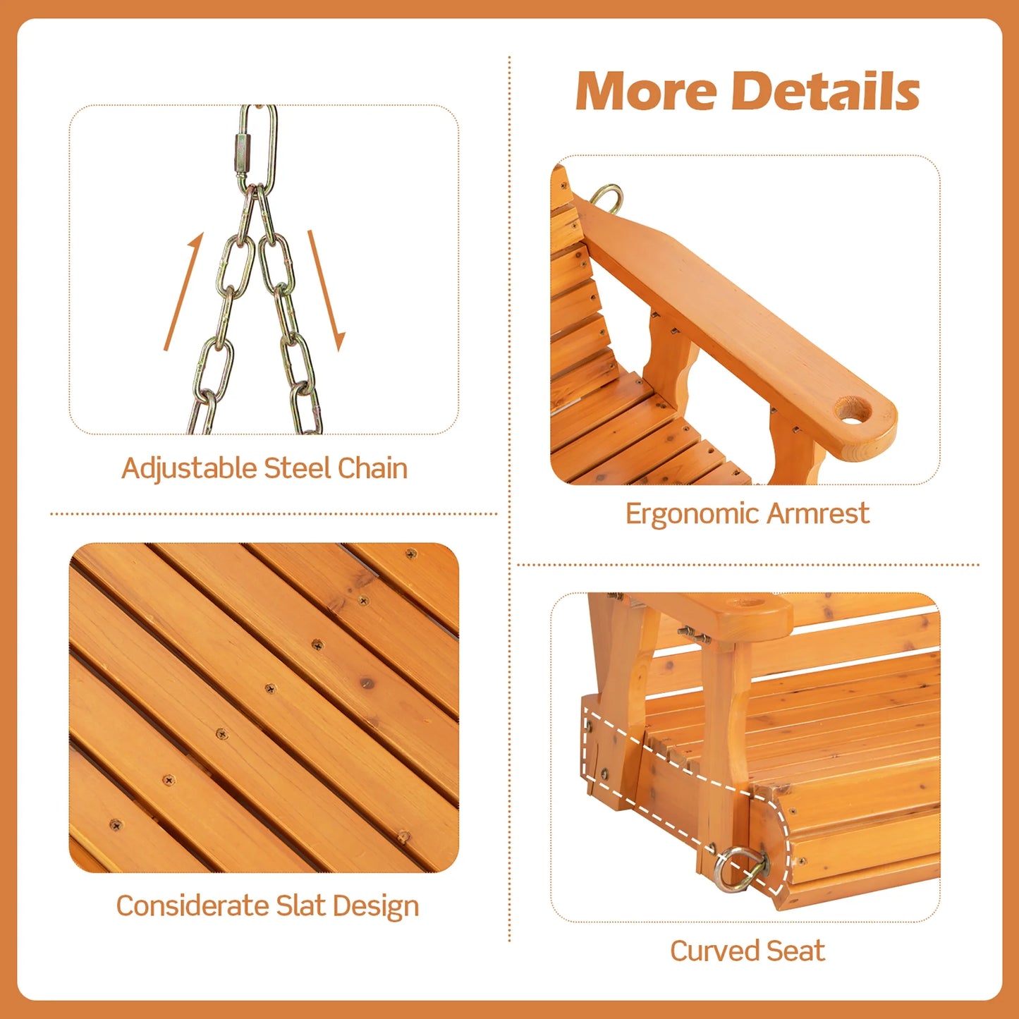 Costway Porch Swing Wood Outdoor Patio Hanging Bench Chair for Garden Backyard orange