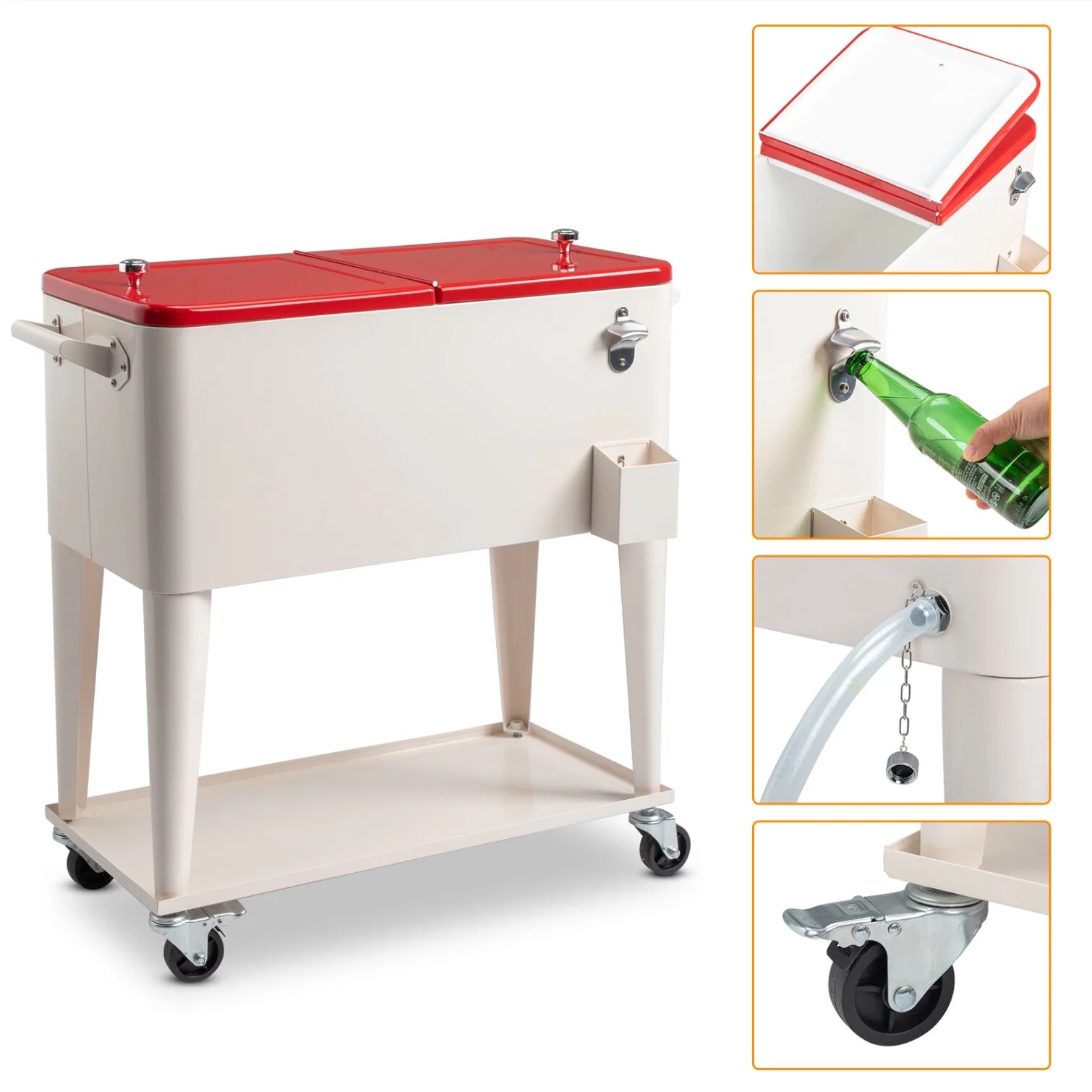 80 QT Rectangular Rolling Cooler Cart with Wheels, Portable Ice Chest with Bottle Opener and Storage Shelf, Outdoor Beverage Cart Ice Chest Cart for Patio Party, Picnic, BBQ, Camping, Red &White