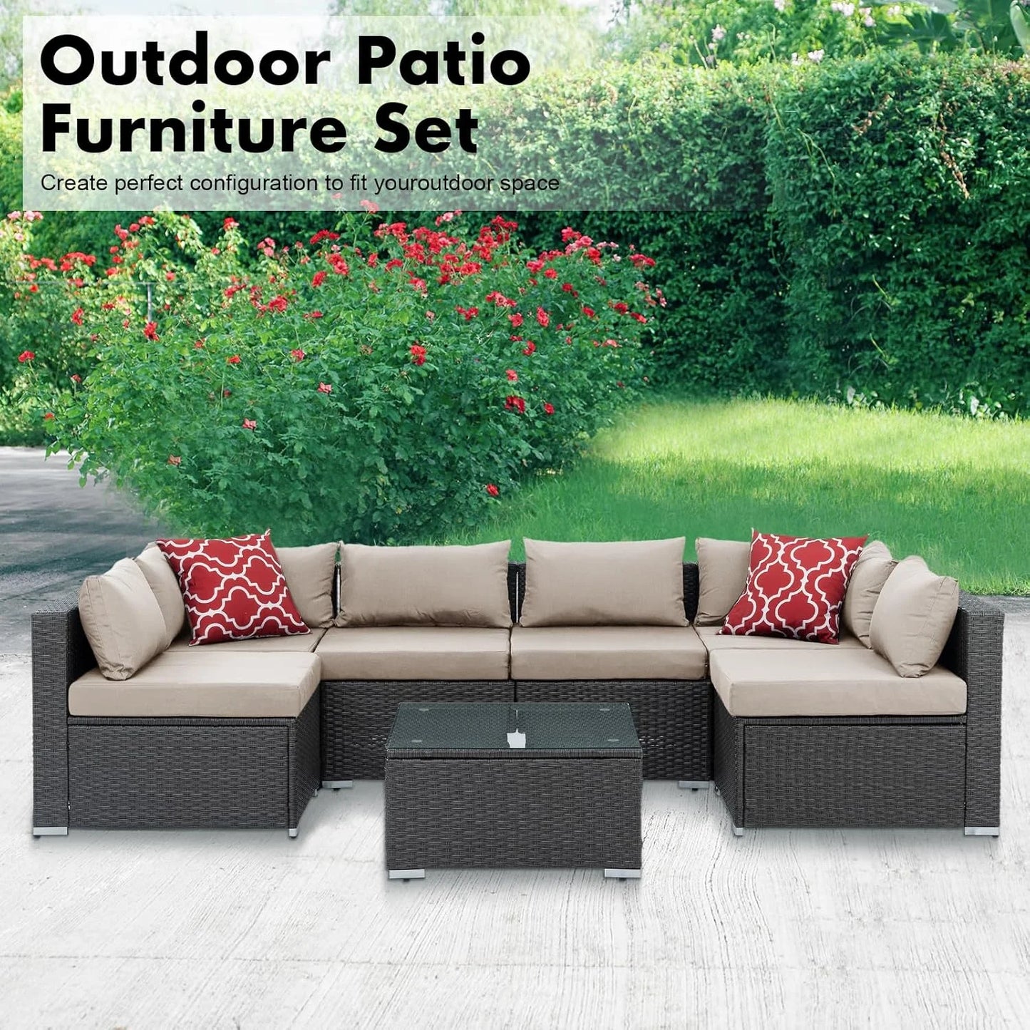 HighSound 7 Piece Patio Furniture Set, Outdoor Wicker Patio Sectional Sofa, All Weather PE Rattan Outdoor Sectional with Cushion & Coffee Table, Khaki