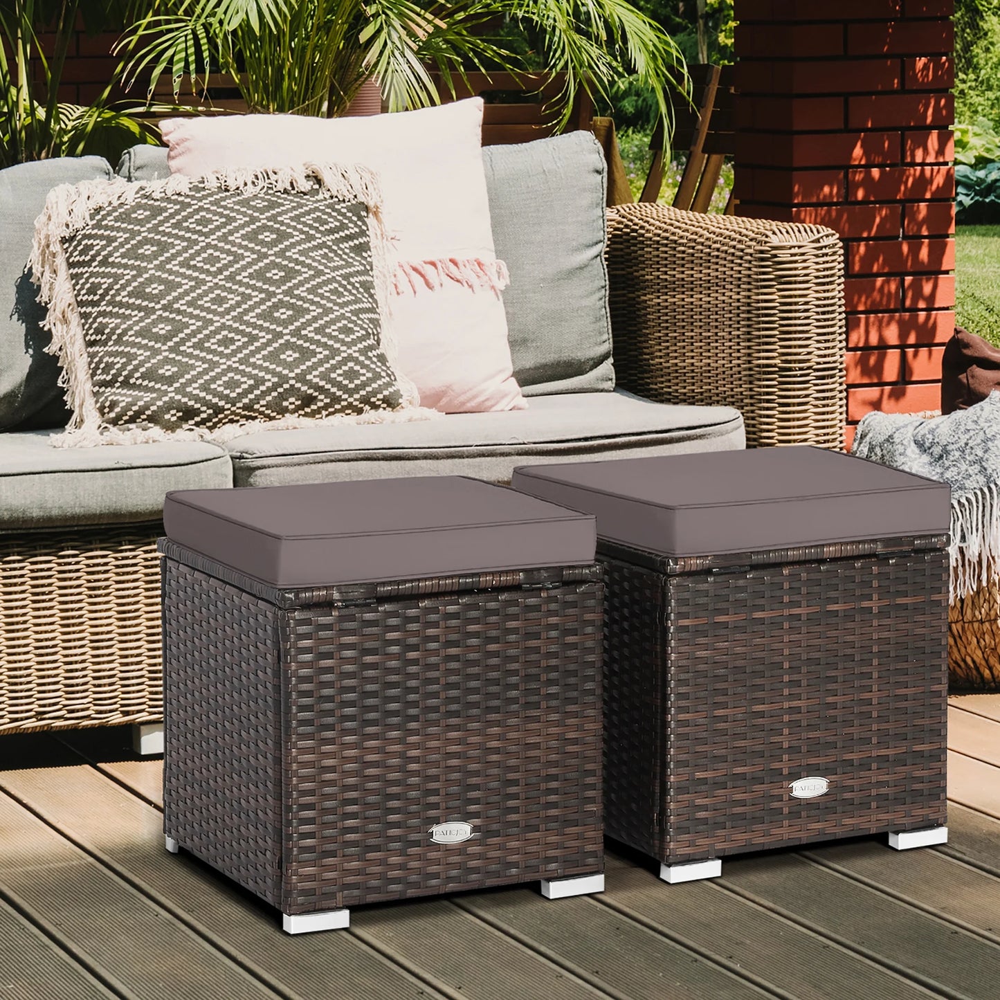 Gymax 2PCS Outdoor Patio Ottomans Hand-Woven PE Wicker Footstools w/Removable Cushions Grey