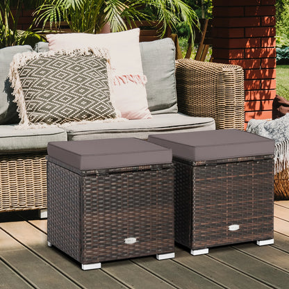 Gymax 2PCS Outdoor Patio Ottomans Hand-Woven PE Wicker Footstools w/Removable Cushions Grey