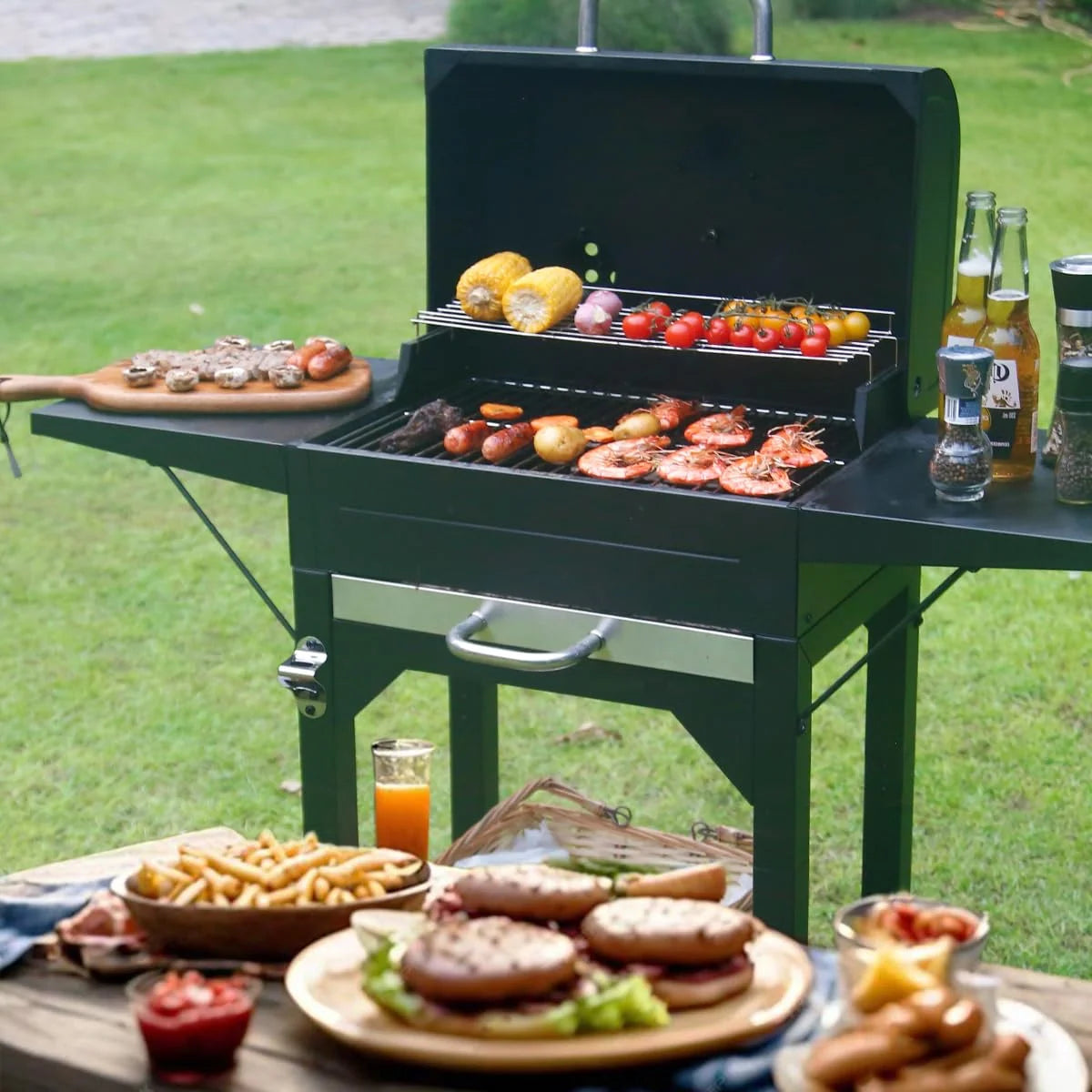 MASTER COOK Charcoal Grill with Two Side Tables, BBQ Grill for Outdoor Picnic Backyard Patio and Parties, Black