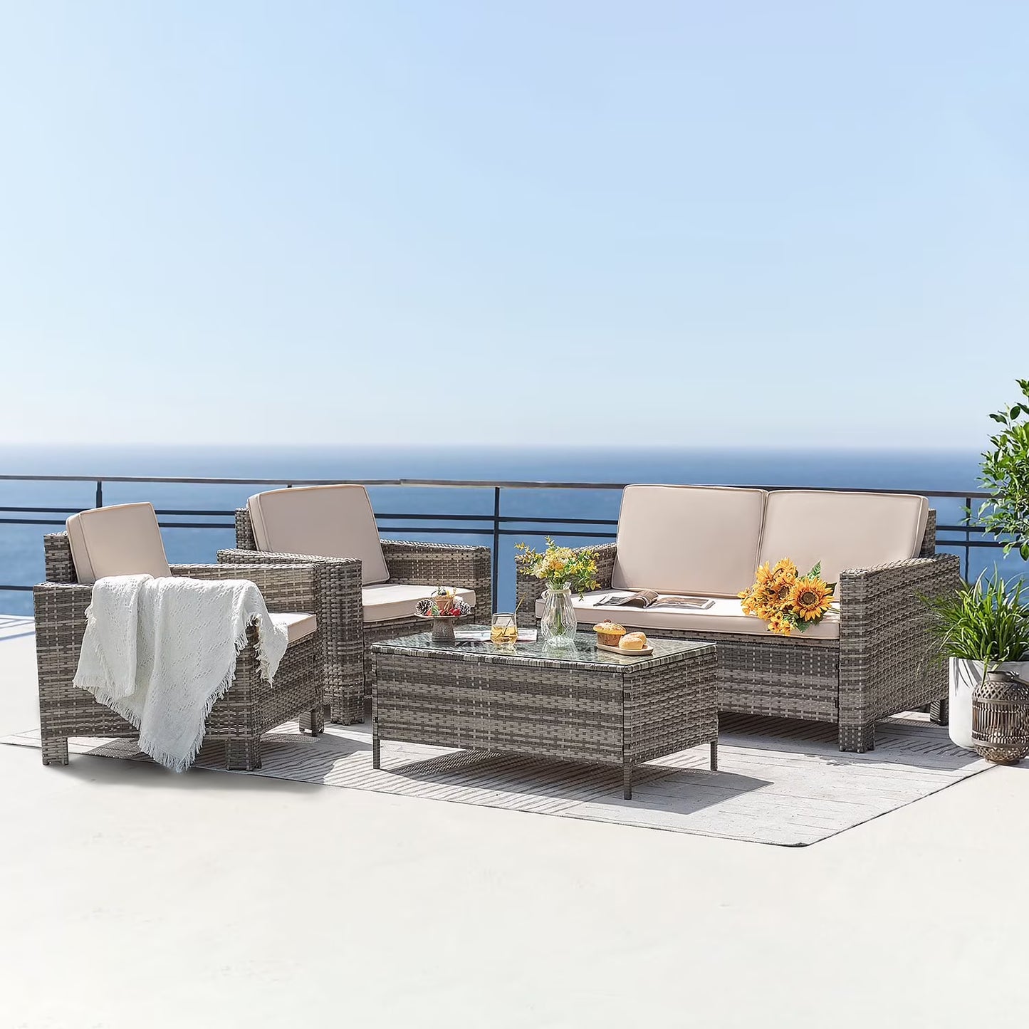 Lacoo 4 Pieces Patio Furniture Sets Rattan Chair Wicker Conversation Sofa Set Outdoor Tble and Chairs for Backyard Porch Garden Poolside Balcony, White