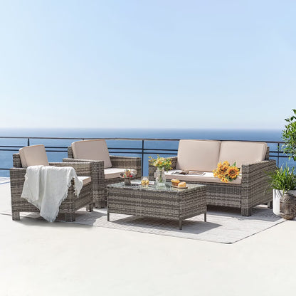 Lacoo 4 Pieces Patio Furniture Sets Rattan Chair Wicker Conversation Sofa Set Outdoor Tble and Chairs for Backyard Porch Garden Poolside Balcony, White