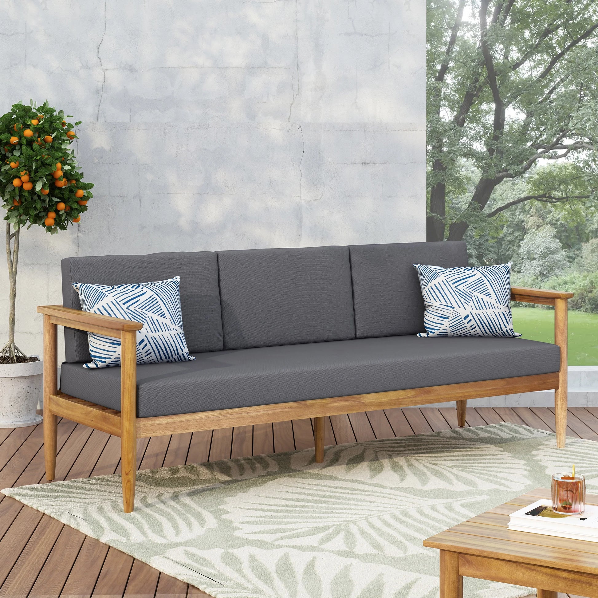 Noble House Magnolia Acacia Wood Outdoor Patio 3-Seater Sofa in Teak/Dark Gray