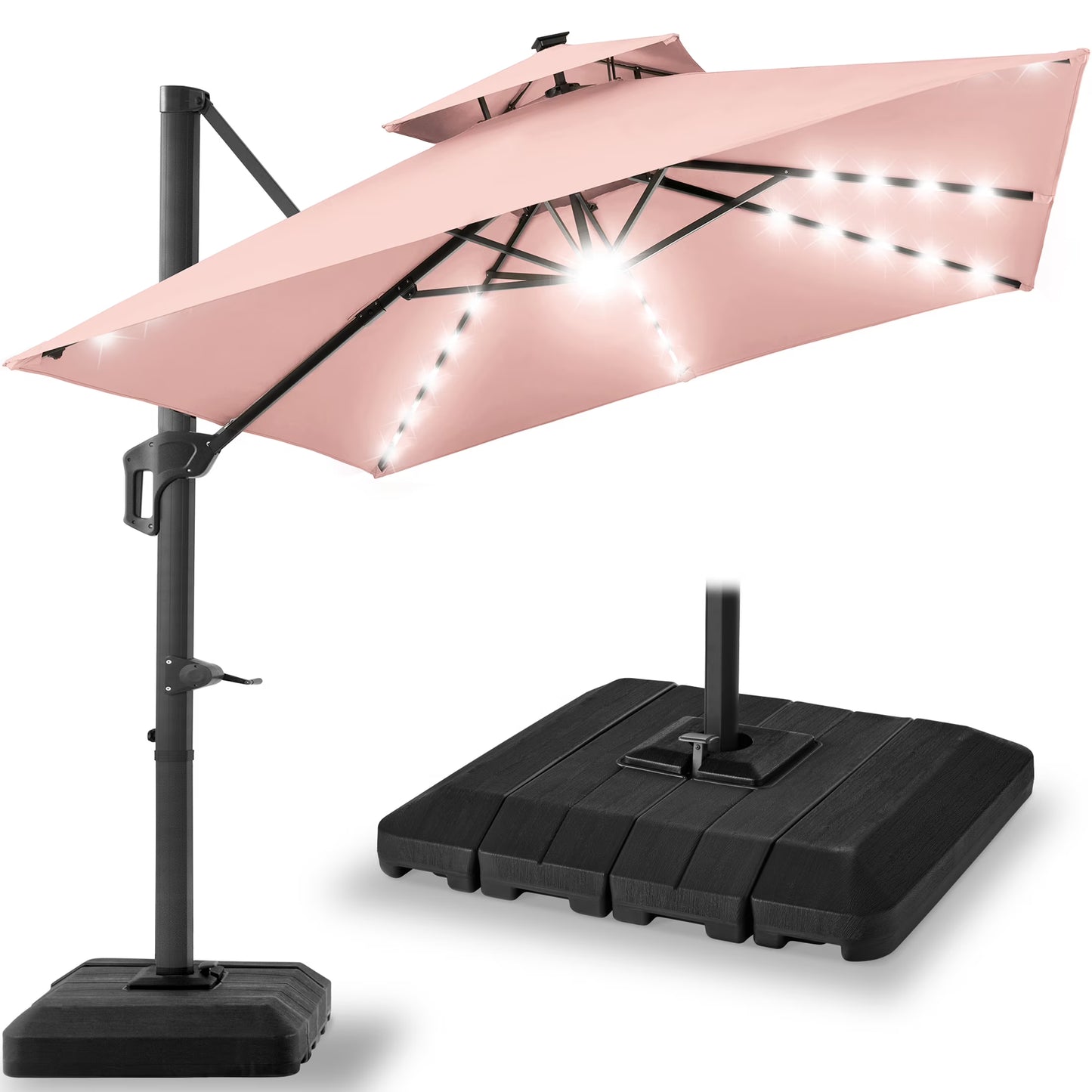Best Choice Products 10x10ft 2-Tier Square Outdoor Solar LED Cantilever Patio Umbrella w/Base Included - Tan
