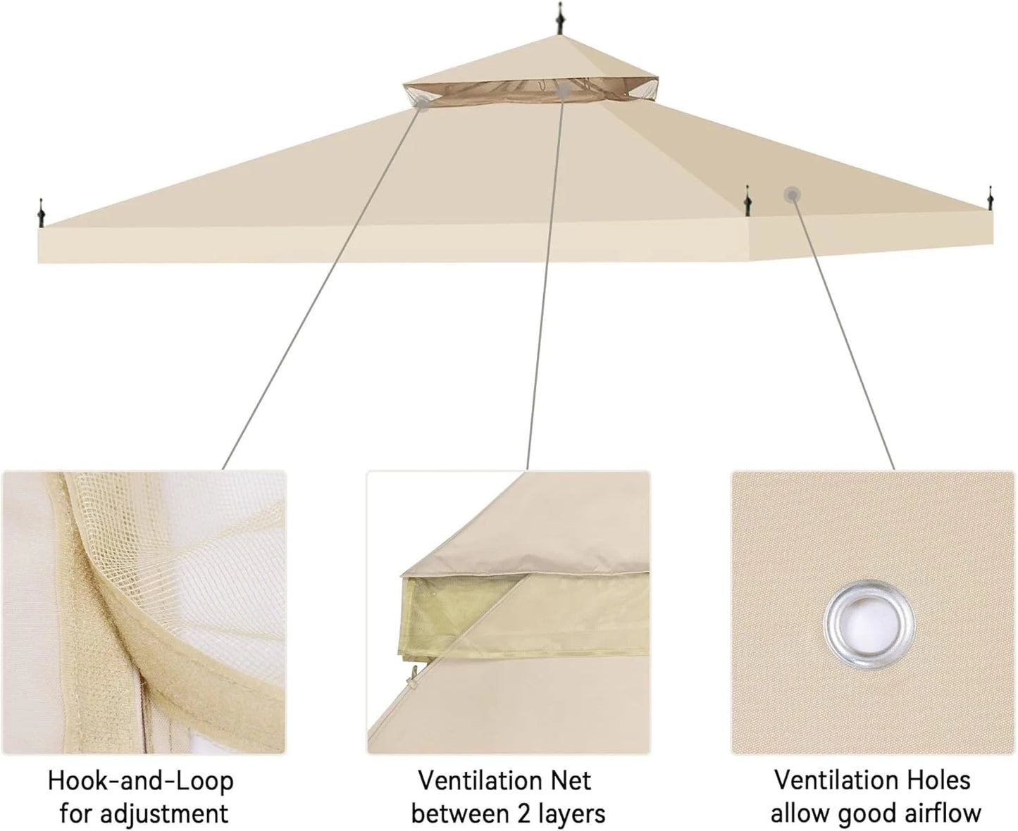 10x10Ft Canopy Top Replacement PU Water Resistance Arrow Gazebo Dual Tier Outdoor Patio Canopy Cover Party Backyard Garden Beige