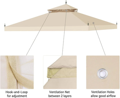 10x10Ft Canopy Top Replacement PU Water Resistance Arrow Gazebo Dual Tier Outdoor Patio Canopy Cover Party Backyard Garden Beige