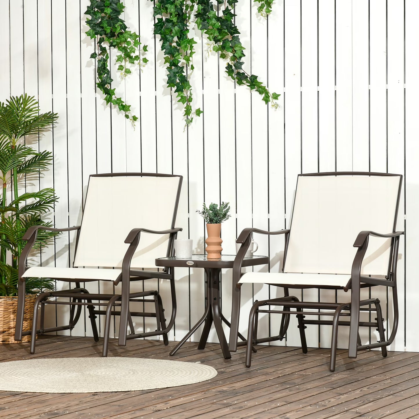 Outsunny Set of 3 Rocking Glider Chair w/Table Mesh Patio Outdoor Furniture, Gray