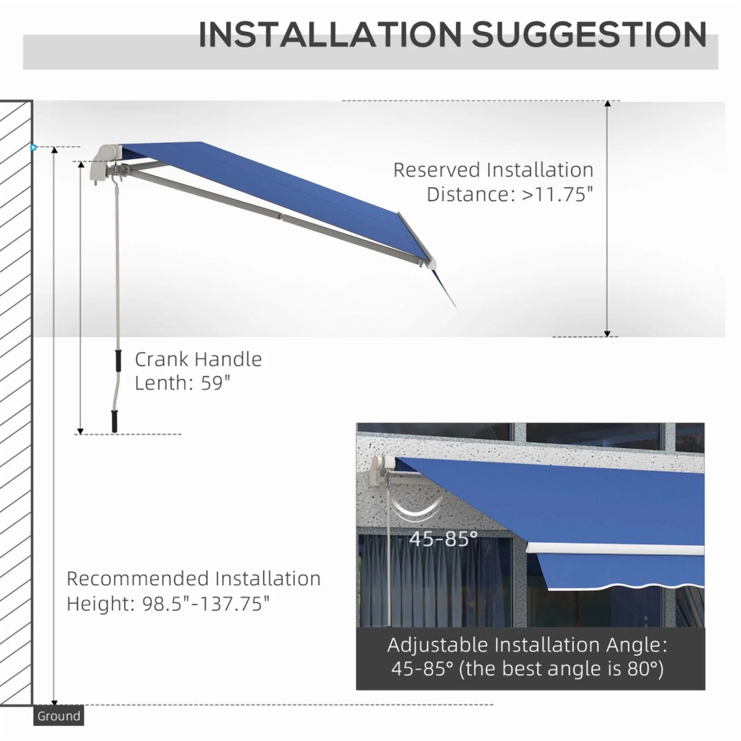 Outsunny 12' x 10' Retractable Awning Patio Awnings Sun Shade Shelter with Manual Crank Handle, 280g/m2 UV & Water-Resistant Fabric and Aluminum Frame for Deck, Balcony, Yard, Dark Blue On-Site