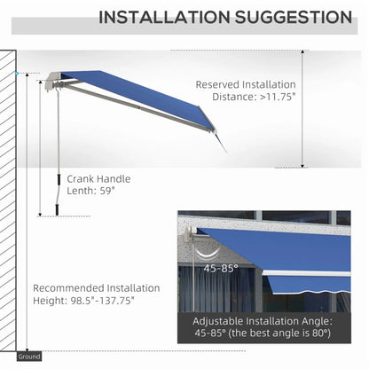 Outsunny 12' x 10' Retractable Awning Patio Awnings Sun Shade Shelter with Manual Crank Handle, 280g/m2 UV & Water-Resistant Fabric and Aluminum Frame for Deck, Balcony, Yard, Dark Blue On-Site