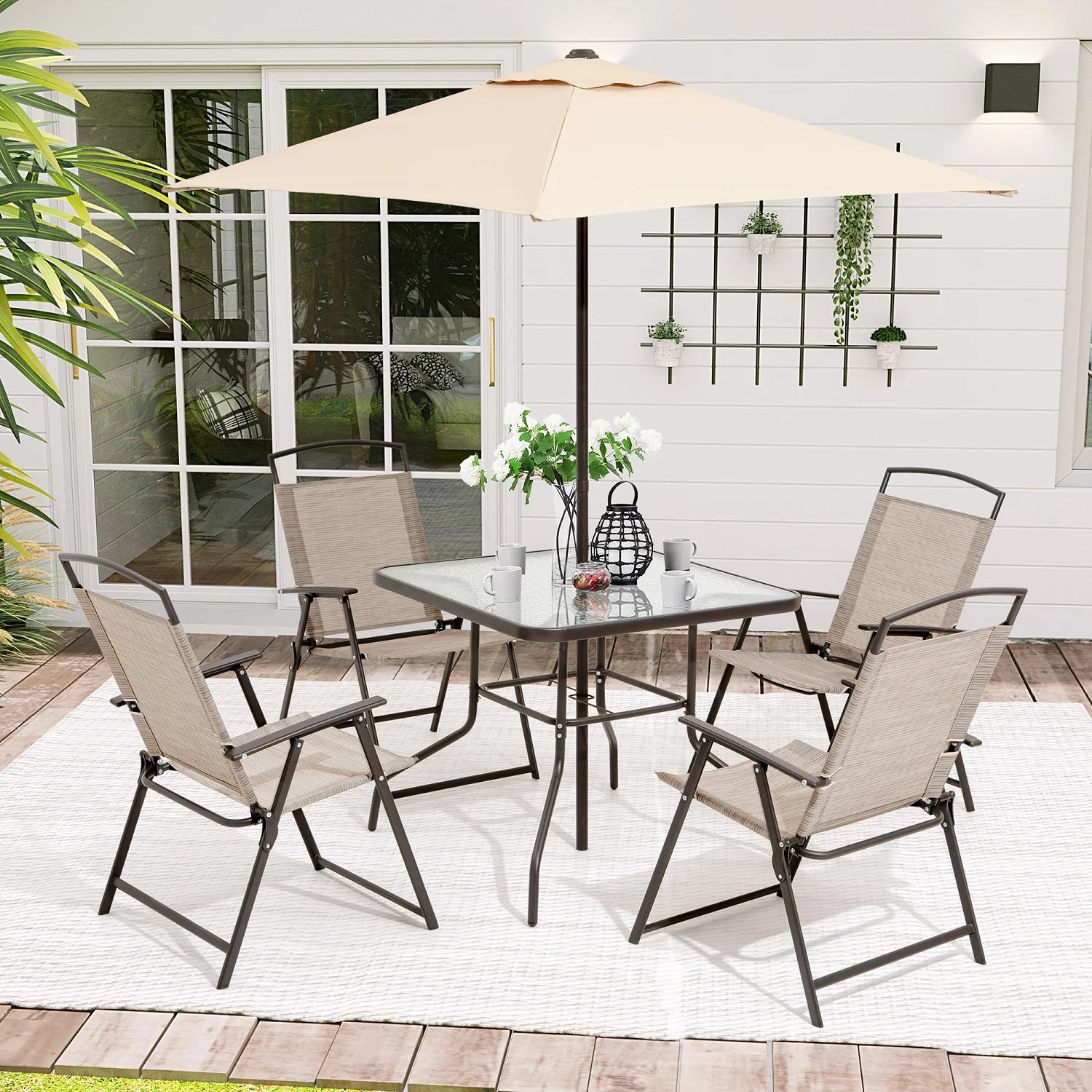 Pellebant 6 Pcs Metal & Glass Patio Dinning Set and Umbrella in Beige