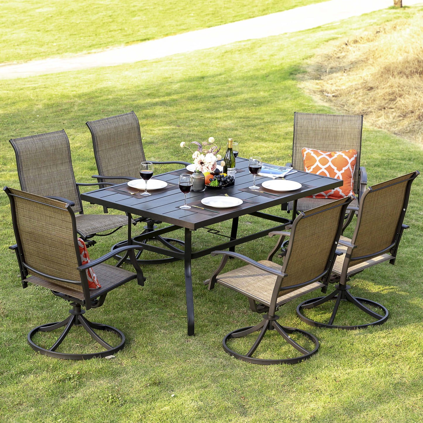 Nuu Garden 5 Piece Outdoor Patio Dining Set, Metal Patio Furniture Set 4 Textilene Swivel Chairs and 37" Square Iron Umbrella Dining Table,Black and Brown