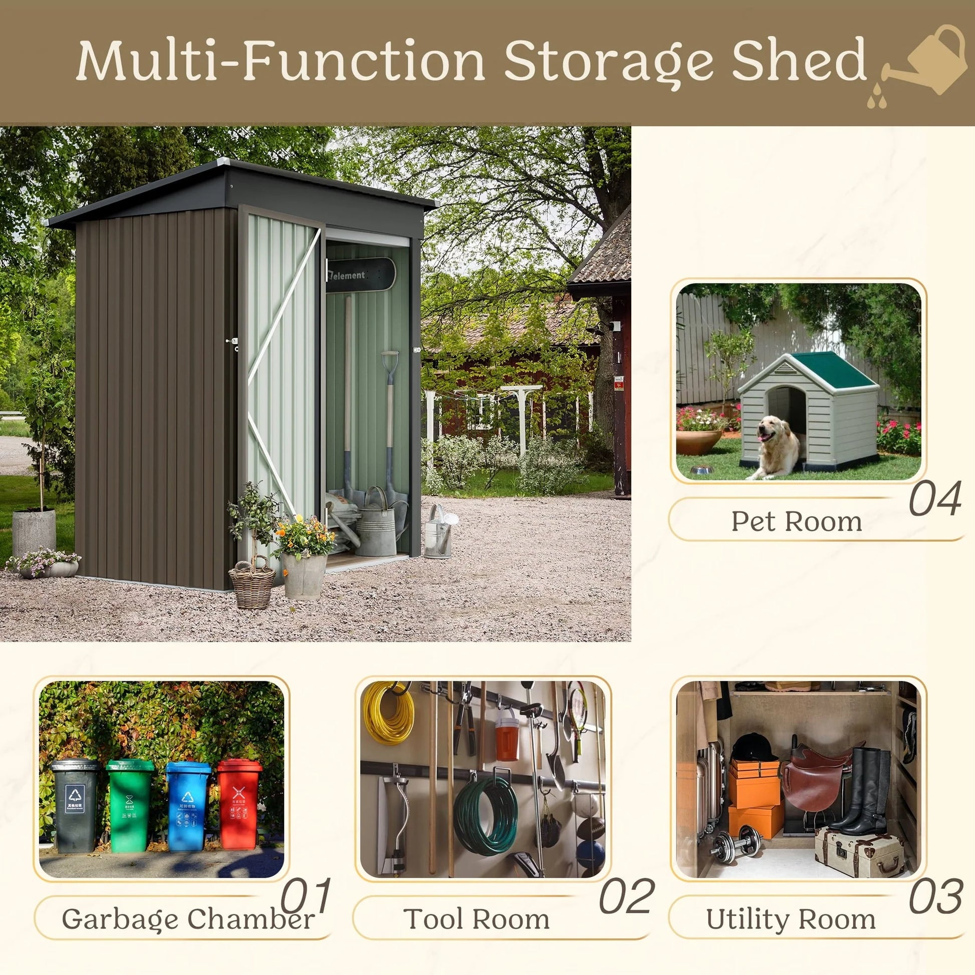 Vineego Metal Outdoor Storage Shed 5FT x 3FT, Steel Utility Tool Shed Storage House with Door & Lock, for Backyard Outdoor Patio,Brown