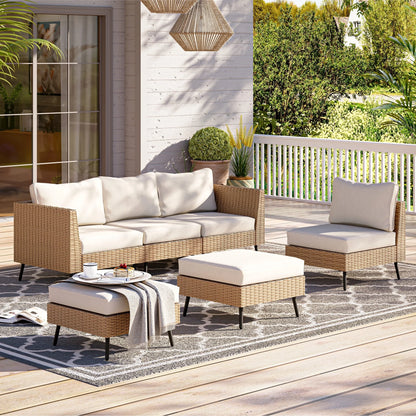 LAUSAINT HOME 6 Pieces Outdoor Furniture Set, Patio Rattan Wicker Sectionals with 4 Chairs and 2 Ottomans, Beige Cushions
