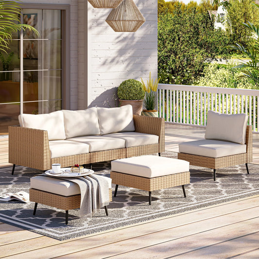 LAUSAINT HOME 6 Pieces Outdoor Furniture Set, Patio Rattan Wicker Sectionals with 4 Chairs and 2 Ottomans, Beige Cushions