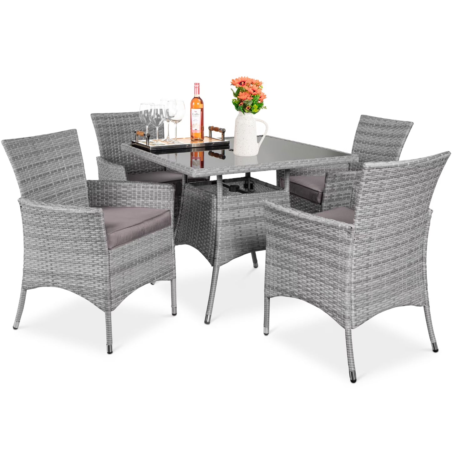 Best Choice Products 5-Piece Indoor Outdoor Wicker Patio Dining Table Furniture Set w/Umbrella Cutout, 4 Chairs - Gray