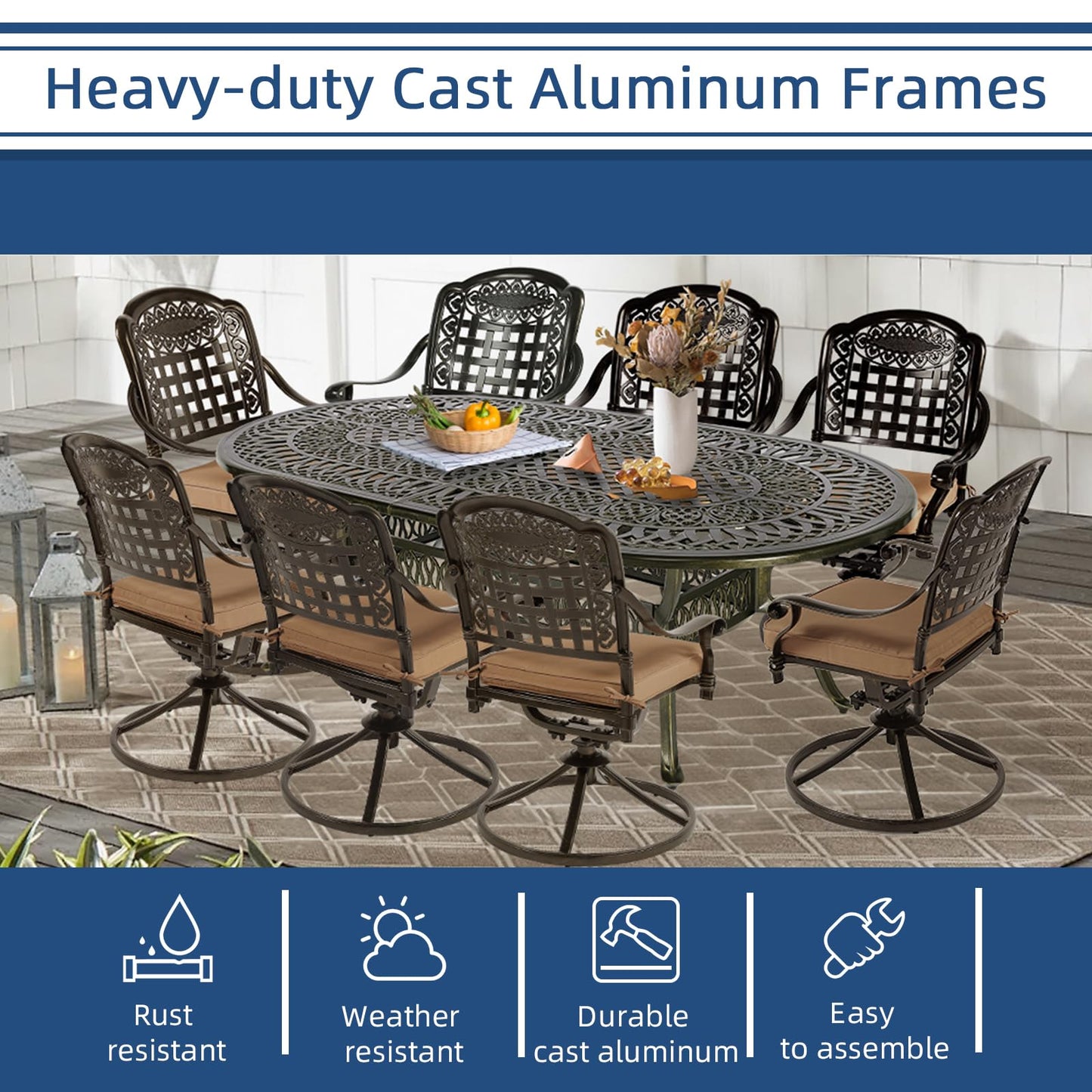 9-Piece Patio Cast Aluminum Dining Set, 8 Person Outdoor Dining Furniture Set, includes 84" Oval Table and 8 Swivel Dining Chairs with Umbrella Hole for Patio Deck Garden, Tan