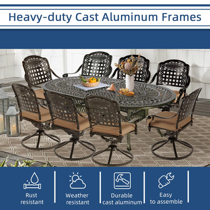 9-Piece Patio Cast Aluminum Dining Set, 8 Person Outdoor Dining Furniture Set, includes 84" Oval Table and 8 Swivel Dining Chairs with Umbrella Hole for Patio Deck Garden, Tan