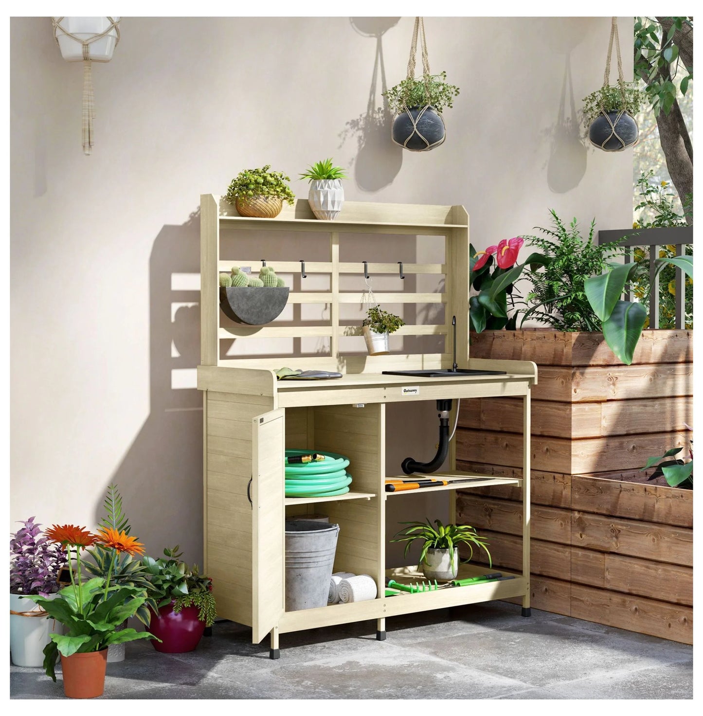 Wooden Potting Bench with Storage, Sink & Tap - Outdoor Gardening Station for Patio, Backyard, Balcony - Natural Finish