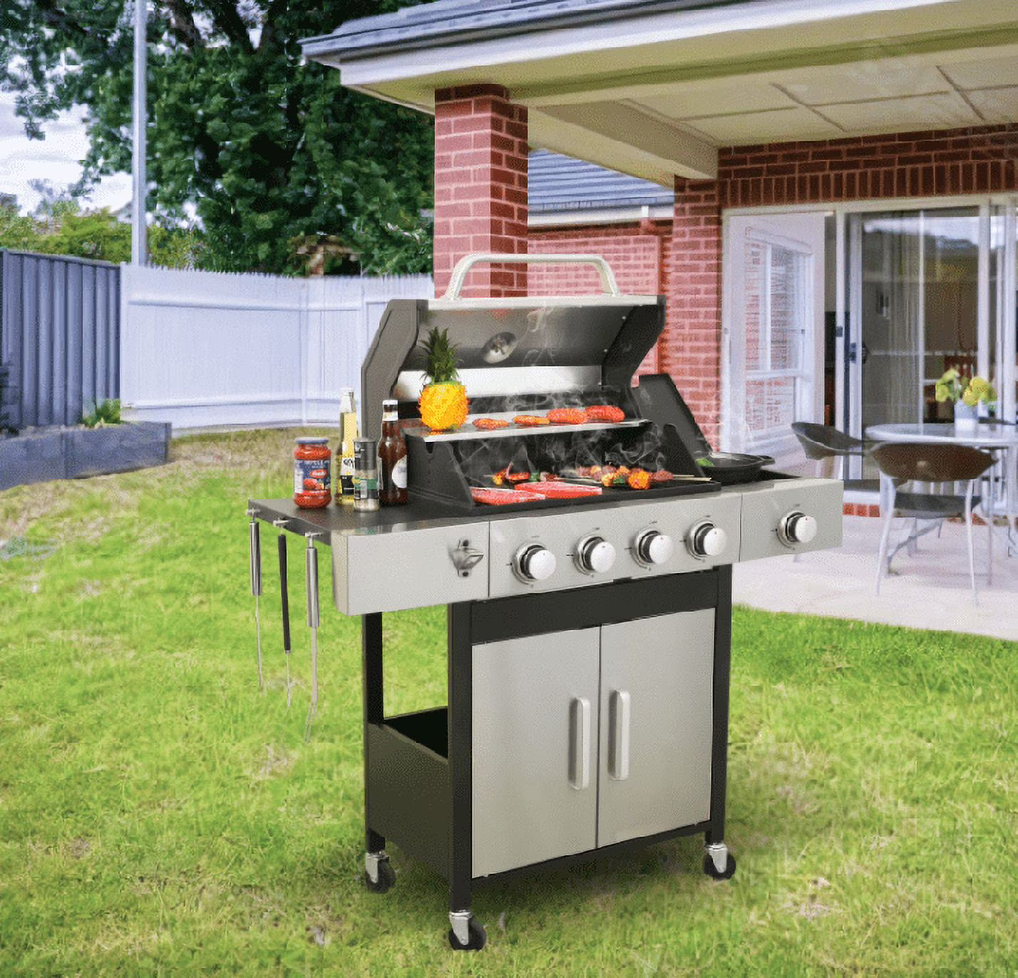 3 Burner Propane Gas Grill for Outdoor, 40500 BTU Barbecue Gas Grill with Thermometer, Stainless Steel BBQ Grill with Shelves & Wheels, Outdoor Cooking Grill for Patio, Garden, Backyard