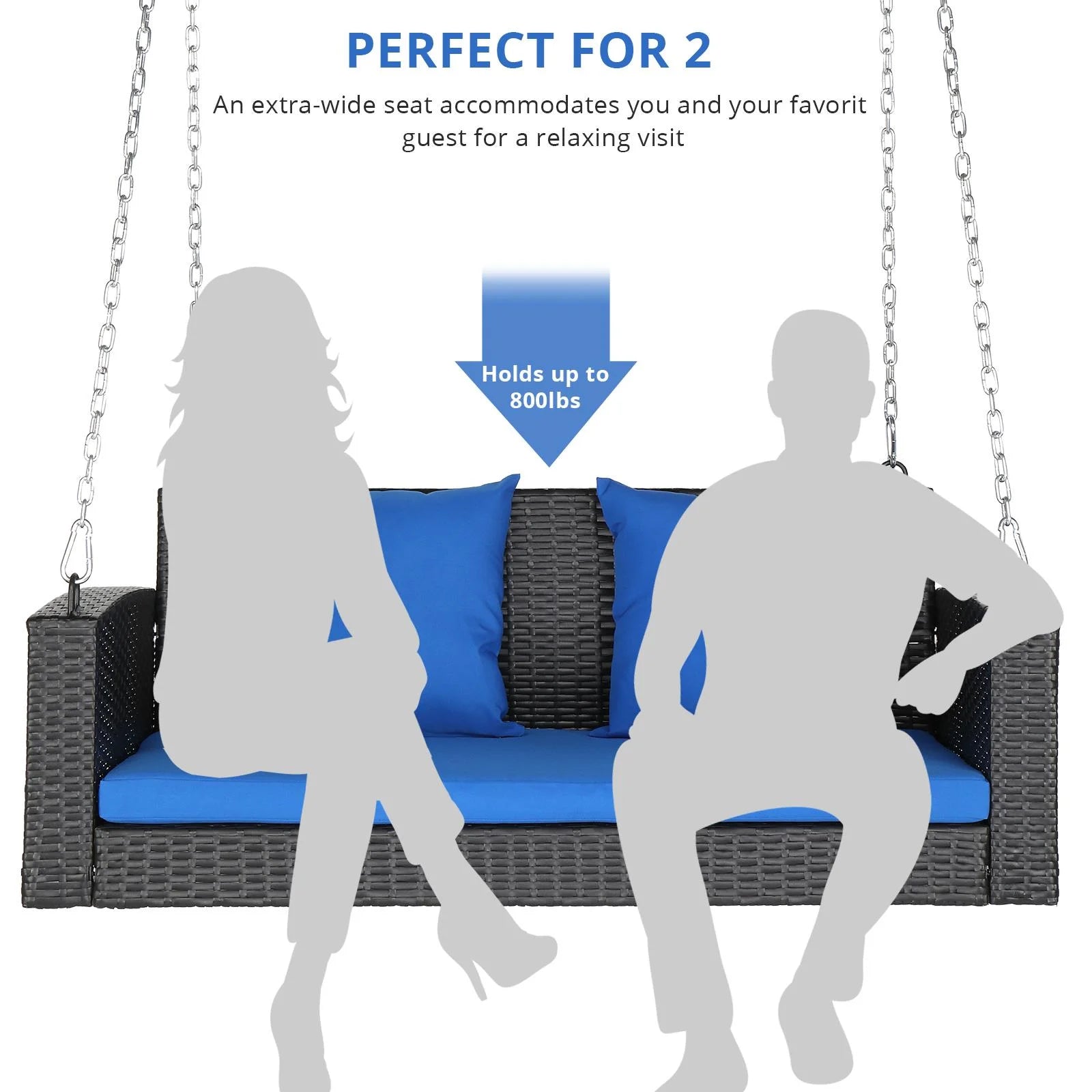 OverPatio 2-Person Rattan Wicker Swing Porch Swing Hanging Bench Outdoor Chair, Black Wicker Blue Cushion