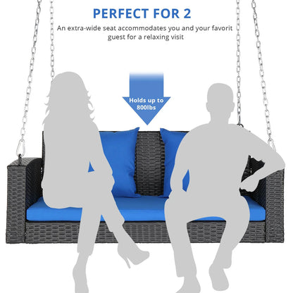 OverPatio 2-Person Rattan Wicker Swing Porch Swing Hanging Bench Outdoor Chair, Black Wicker Blue Cushion