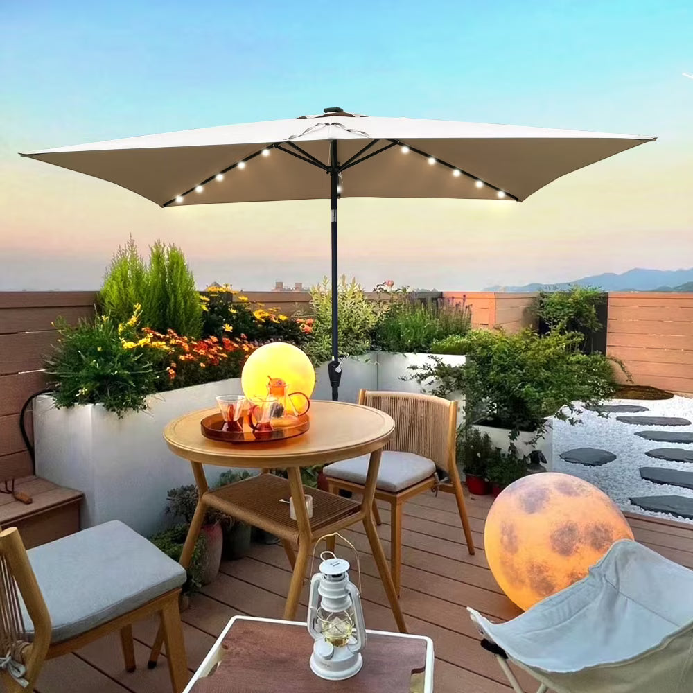10 x 6.5t Patio Umbrella,Rectangular Picnic Table Umbrella,6-8 Chairs Tilt Umbrella with 26 LED Lights,Waterproof Umbrella Sunshade with Crank and Push Button Tilt for Garden Backyard Pool,LIGHT GREY