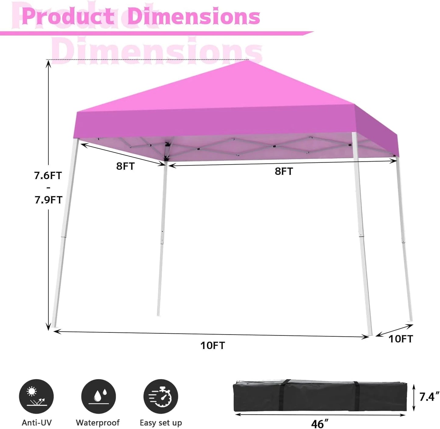 Canopy Tent, 10X10 FT Pop Up Canopy Outdoor Instant Tent Slant Legs with Carrying Bag, Portable Gazebo Shelter for Patio Deck Garden and Beach - 8X8 FT Canopy Cover (Pink)