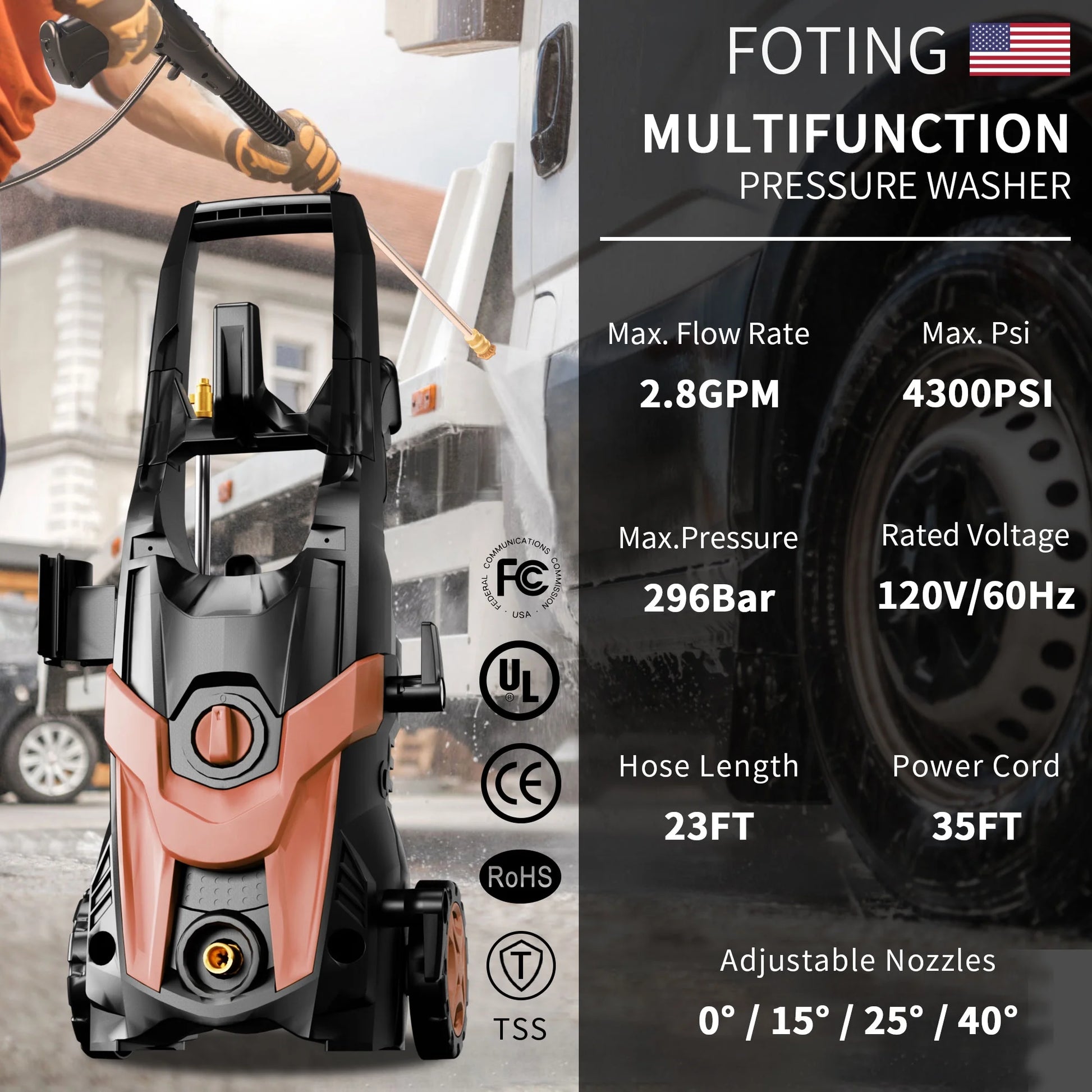 FOTING Upgraded Electric Pressure Washer 4200 PSI 2.8 GPM Power Washer with Extra Hose, 23ft Hose 35ft Power Cord, 4 Nozzle and Detergent Tank for Cars, Fences, Patio